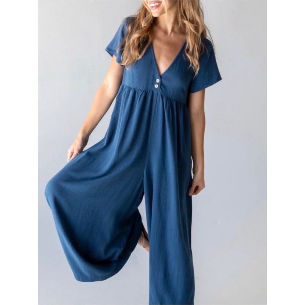 Natural Life Blue Avery Wide Leg Linen Blend Jumpsuit Sz.XS/S - Picture 2 of 16